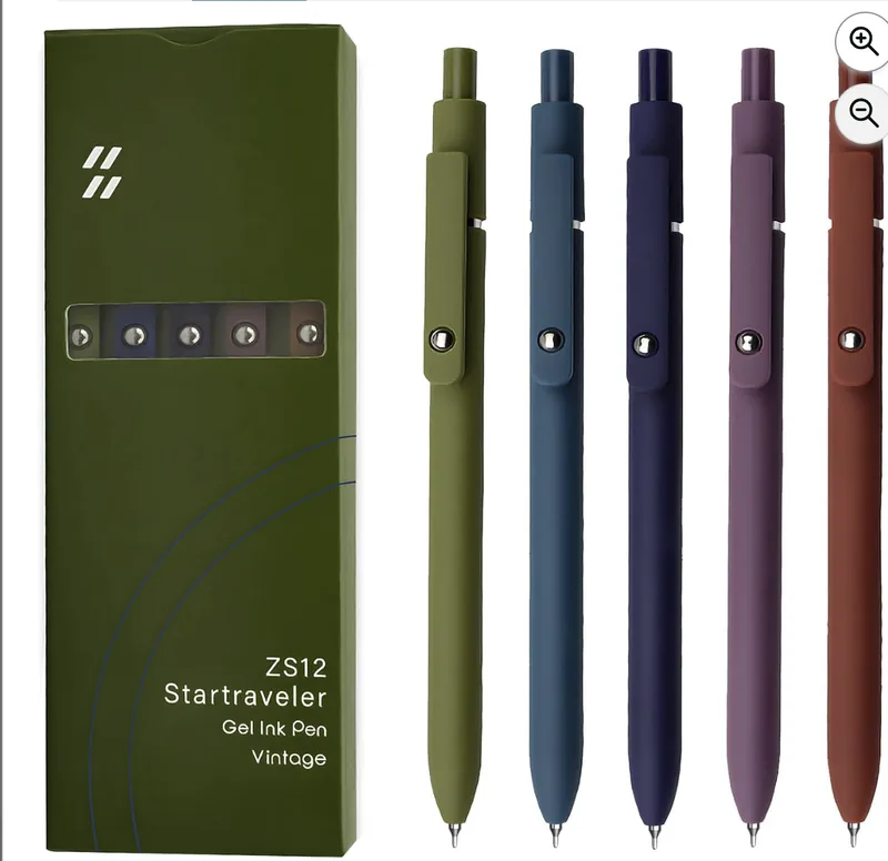 Five UIXJODO fine-point black gel pens in muted vintage colors