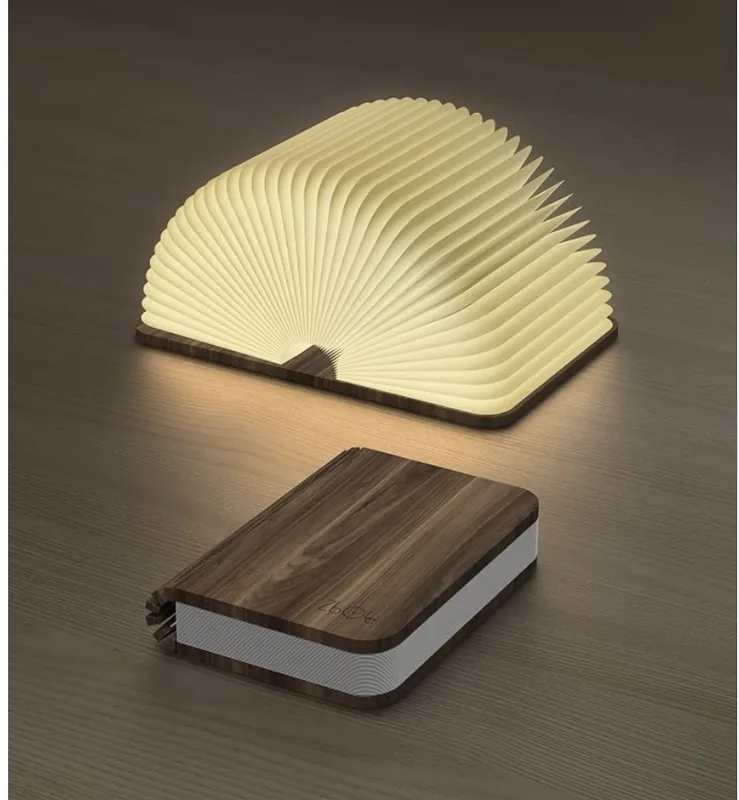 Small walnut folding wooden book lamp glowing open