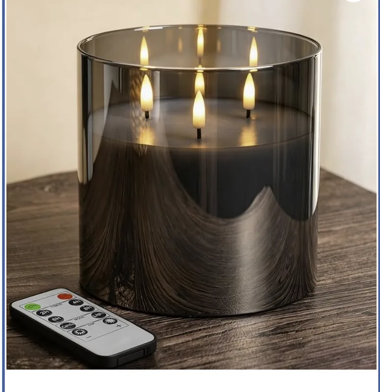 Grey glass flameless three-wick pillar candle with remote